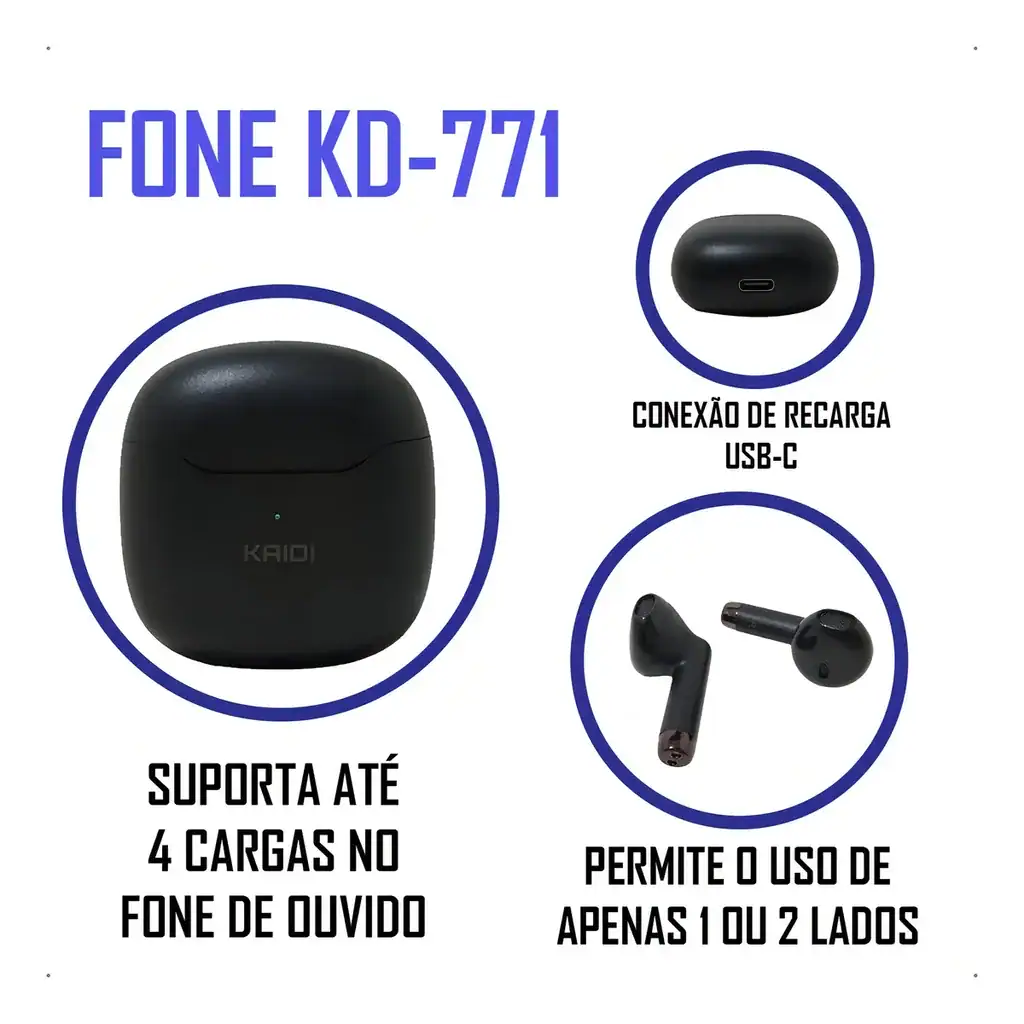 Fone De Ouvido Sem Fio Tws Bluetooth 5.1 Original Kaidi 771 Cor Preto - Miniatura 5