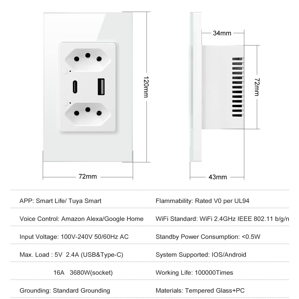 Tomada Inteligente WiFi com Porta USB Tipo C Tomada de Parede Smart Home - Miniatura 3