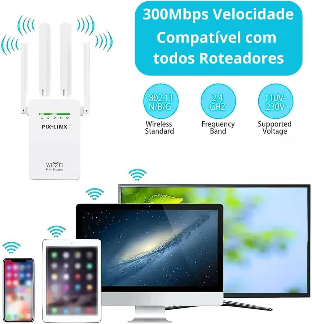 Amplificador Wi-Fi 4 Antenas 300Mpbs Repetidor de Sinal - Miniatura 7