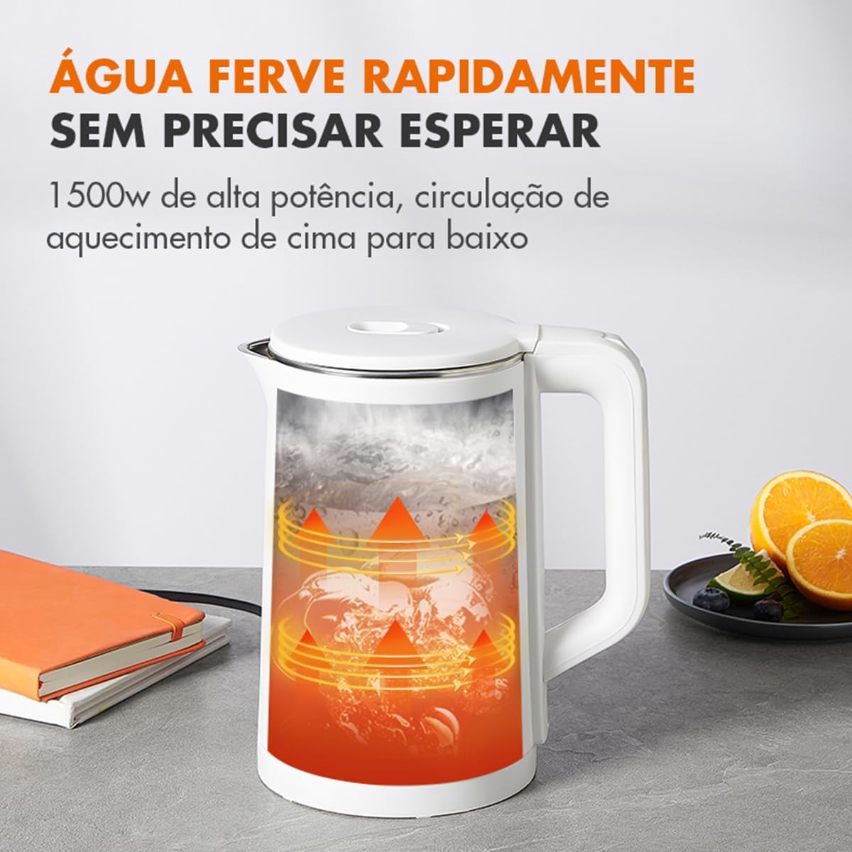 Chaleira Elétrica Branca 1,7L 1450W Aço Inox e Cabo Retrátil - Miniatura 6
