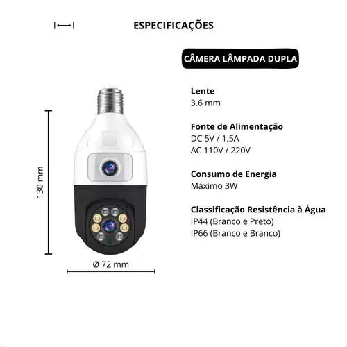 Câmera Segurança Wifi Dupla Lentes Lâmpada Visão Noturna 360 - Miniatura 5