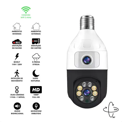 Câmera Segurança Wifi Dupla Lentes Lâmpada Visão Noturna 360 - Miniatura 2