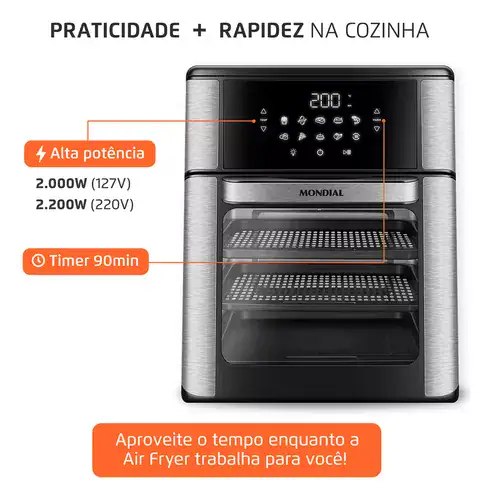 Fritadeira Air Fryer Forno Oven 12L Mondial Preto/Inox 2000W AFON-12L-BI - Miniatura 3