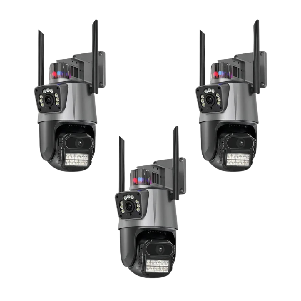 Kit 3x Câmera de Segurança Inteligente P11 Wi-Fi 4K | Dupla Lente PTZ + Fixa | Giro 360° | Visão Noturna Colorida | Áudio Bidirecional | Detecção Humana & Luz Alerta – Compatible com Alexa e Google Home