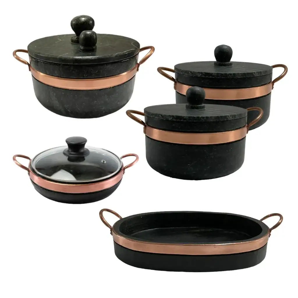 Jogo de Panelas Pedra Sabão 05 Peças - 1 Pressão 4 litros, 2 Caçarola 3 litros, frigideira 20 cm e Assadeira Grande - Miniatura 6